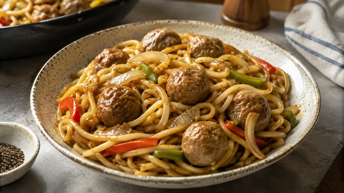 Black Pepper Beef Ball Fried Udon